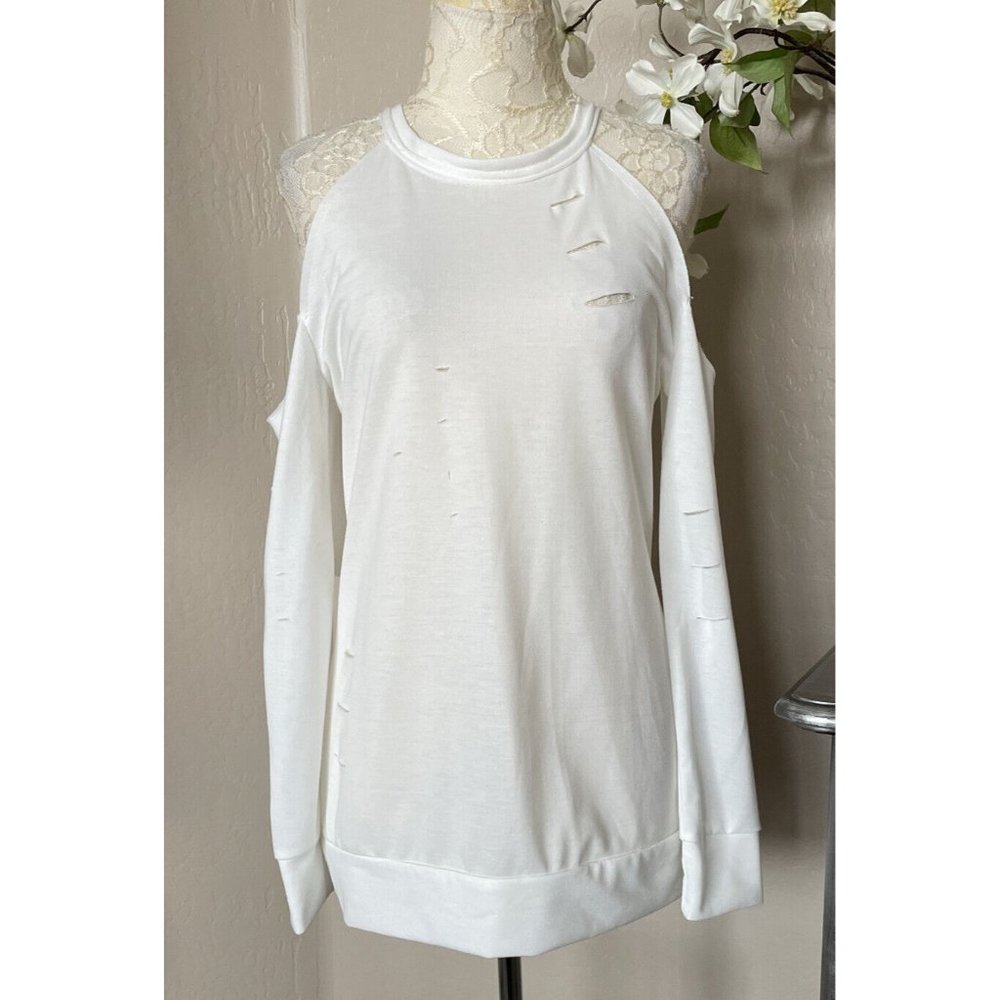 Women's crew neck cold shoulder sleeve distressed tunic top S White shirt NWOT